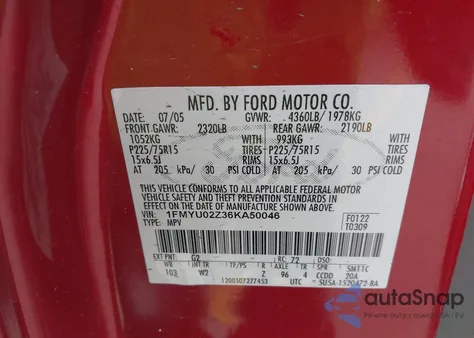 2006 Ford Escape Xls/Xls Manual z USA, uszkodzony, nr VIN 1FMYU02Z36KA50046